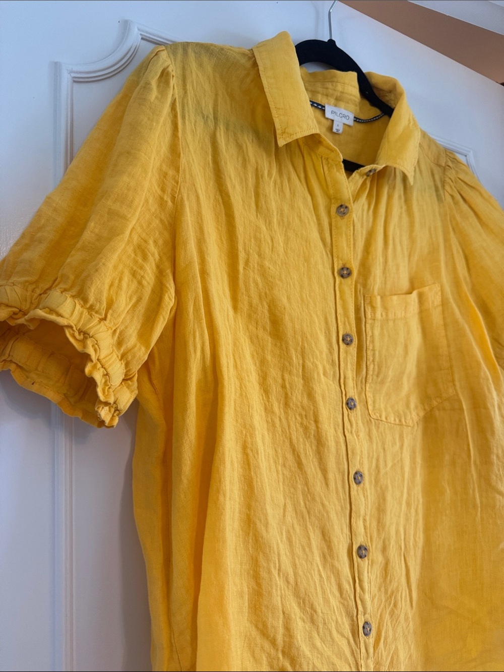 Pilcro Bright Yellow Linen-Blend Button Front Blouse - Picture 3 of 5